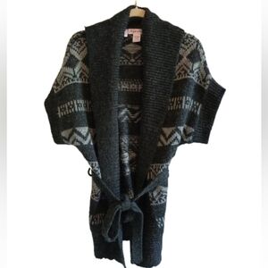 High Secret Wool Blend Belted Cardigan Sweater Size S Gray Aztec Short Sleeve...